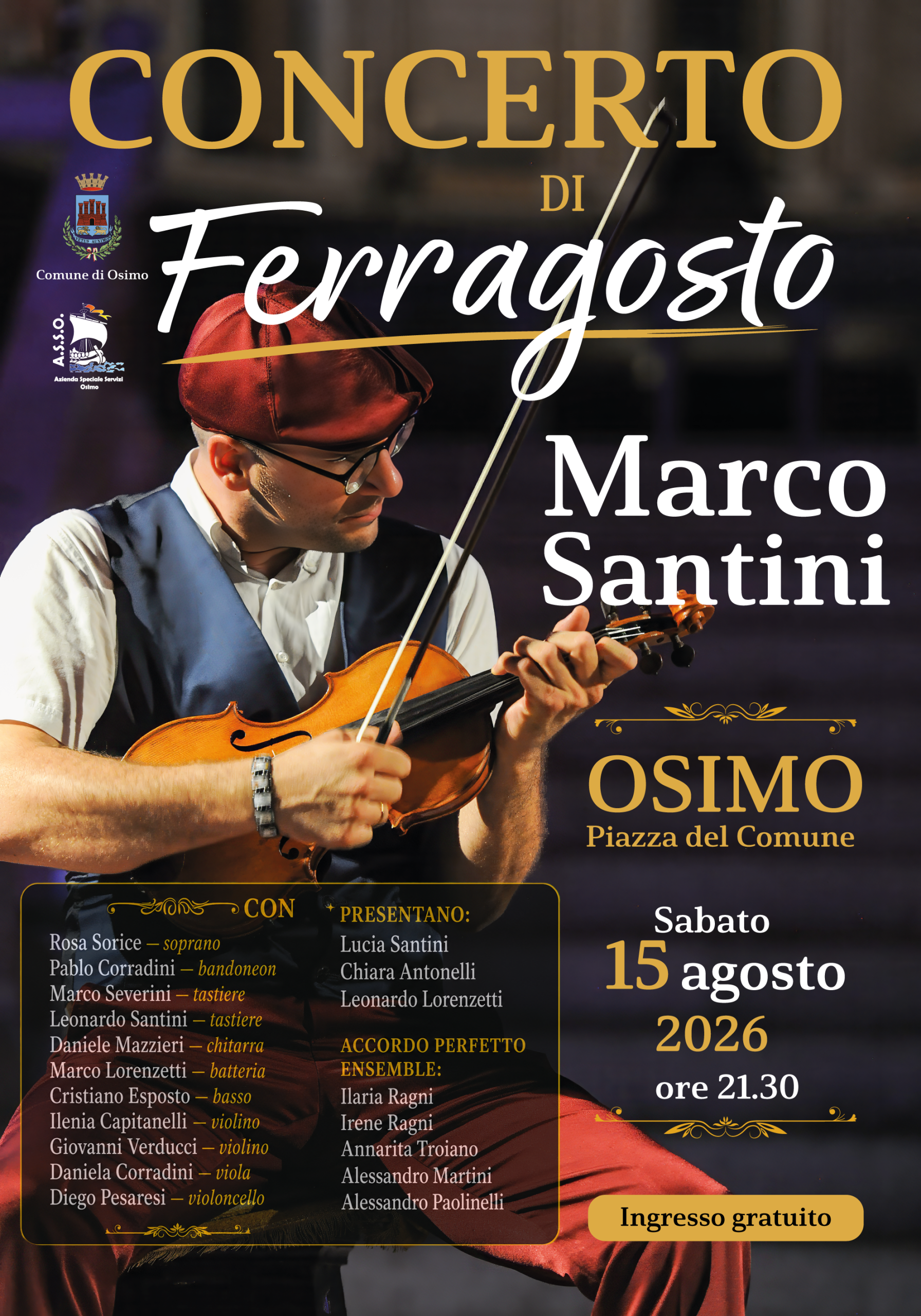nell'immagine il Maestro violinista Marco Santini sta seduto tenendo il suo violino come se fosse una chitarra, pizzicando le corde e guardando verso destra, intorno tutte le descrizioni in serite nella pagina sotto la dicitura "Formato testuale" per poter rendere accessibile la grafica a tutti.