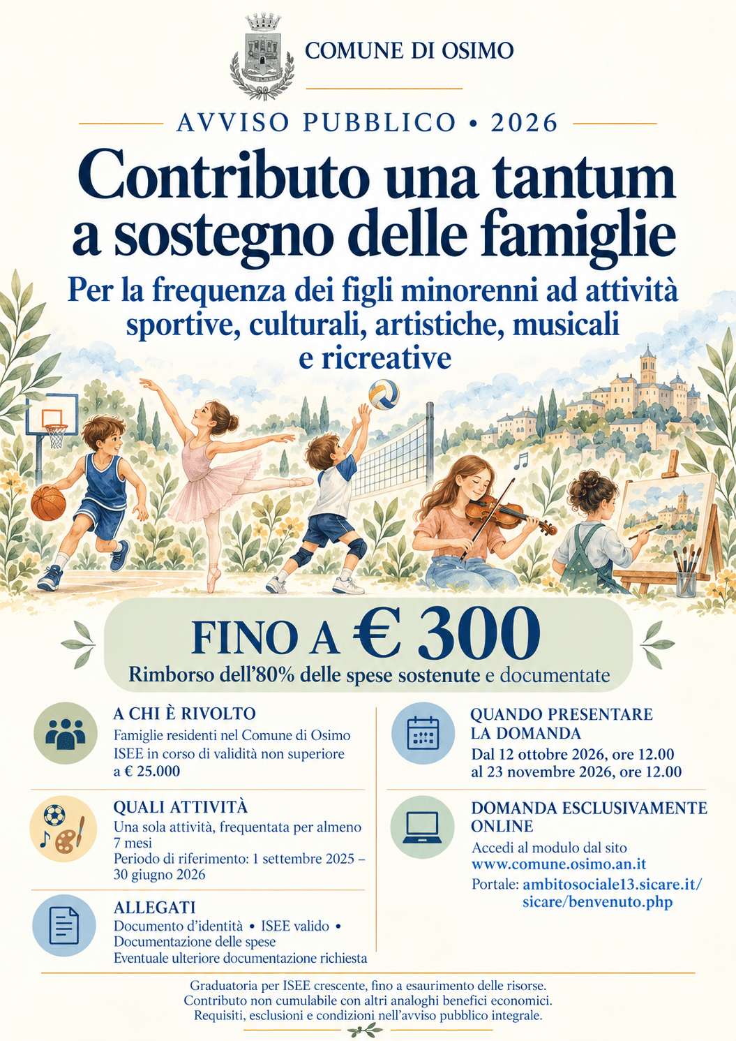La locandina presenta lo stemma del Comune di Osimo e illustrazioni di bambini e ragazzi impegnati in basket, danza, pallavolo, musica e pittura.